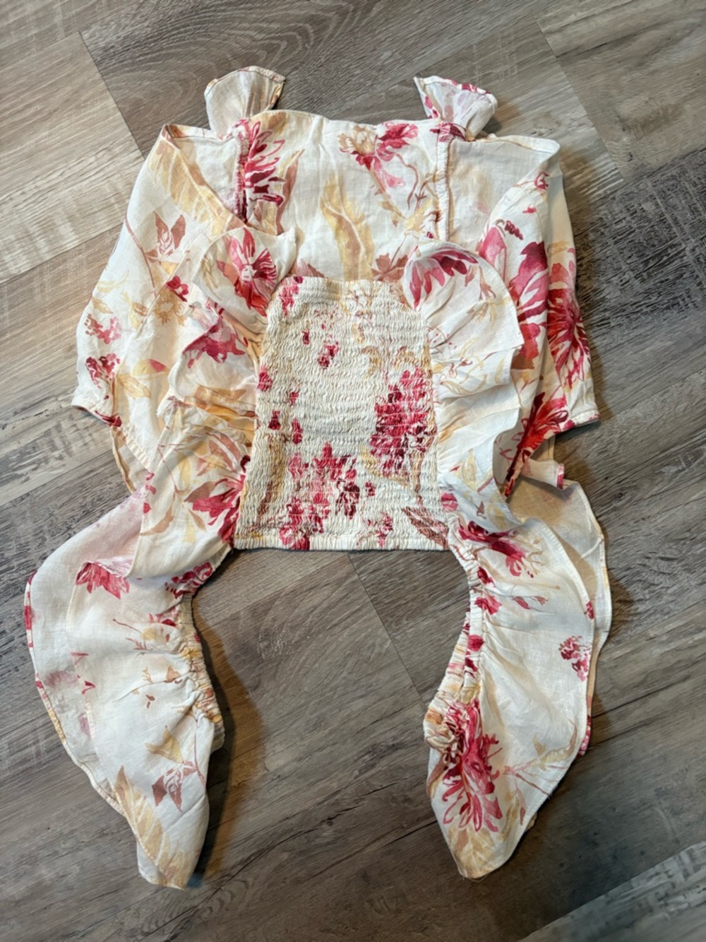 H&M Crop Floral Ruffle Smocked Women's Top Pink/Cream Linen Blend Size M - Picture 7 of 11